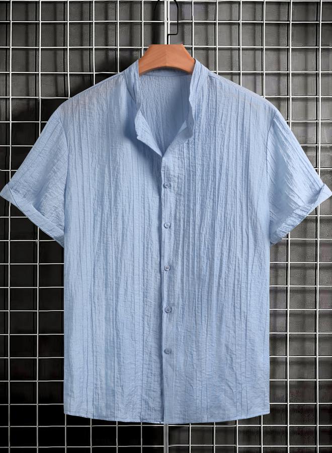 Take Two Men Light Blue Textured Mandarin Collar Shirt - Image 1